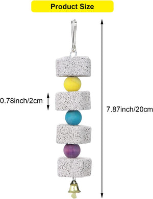 Decorative hanging ornament with colorful beads and a bell, shown with measurements on a white background at Pet Servo