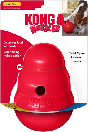 Kong Wobbler Small/Petit dog toy in red, shown on its retail card packaging with a small dog photo in the top right corner at Pet Servo