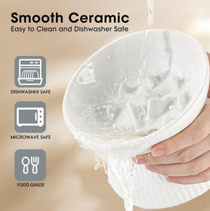 White ceramic bowl with a hand holding it, featuring icons indicating dishwasher, microwave, and food grade safety at Pet Servo