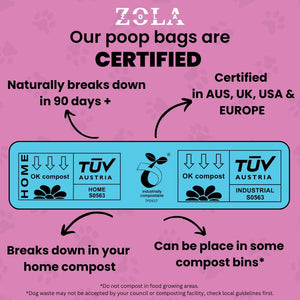 Zola poop bag certification information on a pink background at Pet Servo