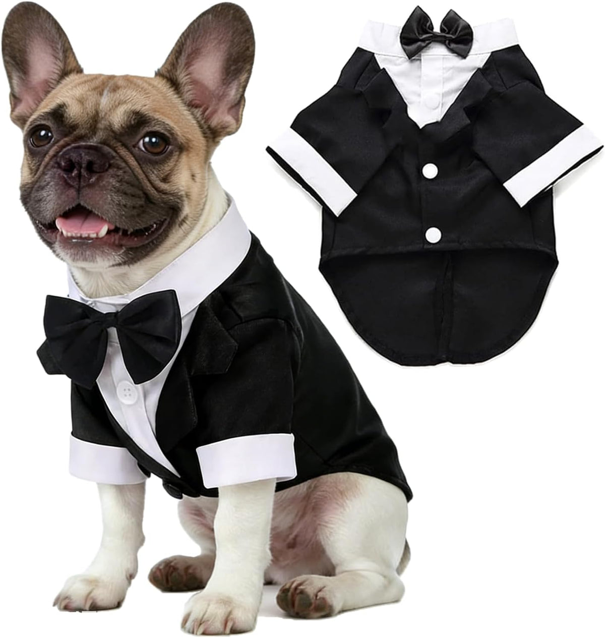 A French bulldog wearing a black and white tuxedo costume, shown alongside a flat-lay view of the costume on a white background.