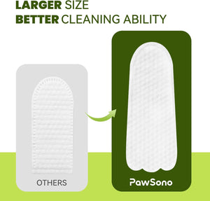 Comparison of PawSono cleaning pad size with 'Others' on a green background at Pet Servo