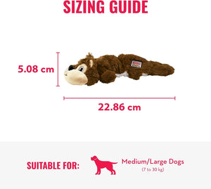 Sizing guide for a brown dog toy with dimensions and suitability for medium to large dogs at Pet Servo