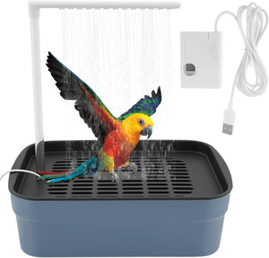 Parrot on a bird bath with a power adapter and cable on a white background at Pet Servo