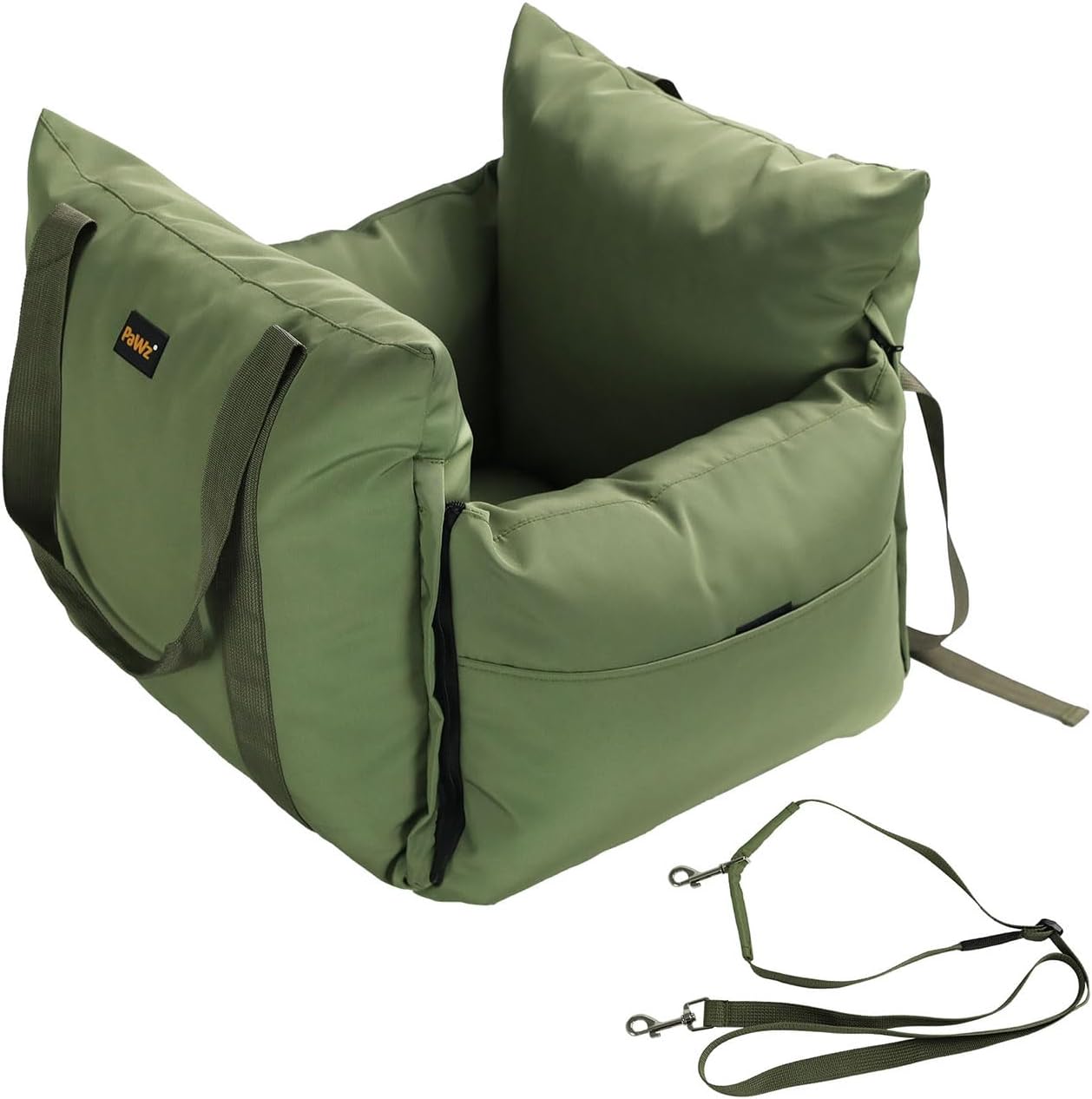 An olive-green pet booster seat with a matching cushion and a separate detachable shoulder strap, shown on a plain white background at Pet Servo