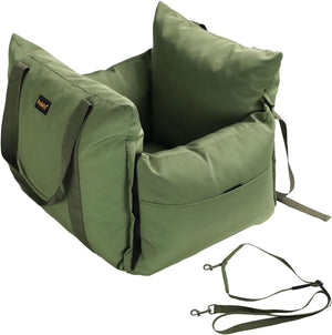 An olive-green pet booster seat with a matching cushion and a separate detachable shoulder strap, shown on a plain white background at Pet Servo
