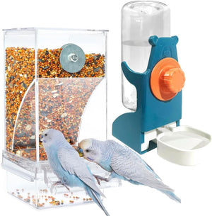Bird feeder with seeds, water dispenser, and two birds on a white background at Pet Servo