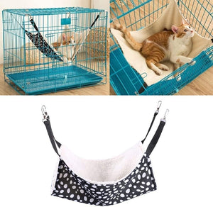 Cat hammock with polka dot pattern, cat in a blue cage, and cat in a hammock at Pet Servo