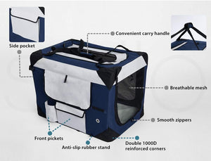 A navy blue and white collapsible pet crate shown on a light gray background with callout labels pointing to features such as side pocket, breathable mesh, front pockets, anti-slip rubber stand, double 1000D reinforced corners, and convenient carry handle at Pet Servo