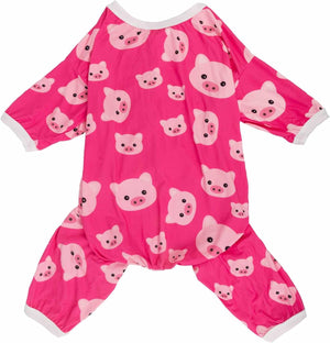 Pink long-sleeve baby jumpsuit with an all-over cartoon pig face print and white trim on the collar and cuffs, shown flat on a white background at Pet Servo