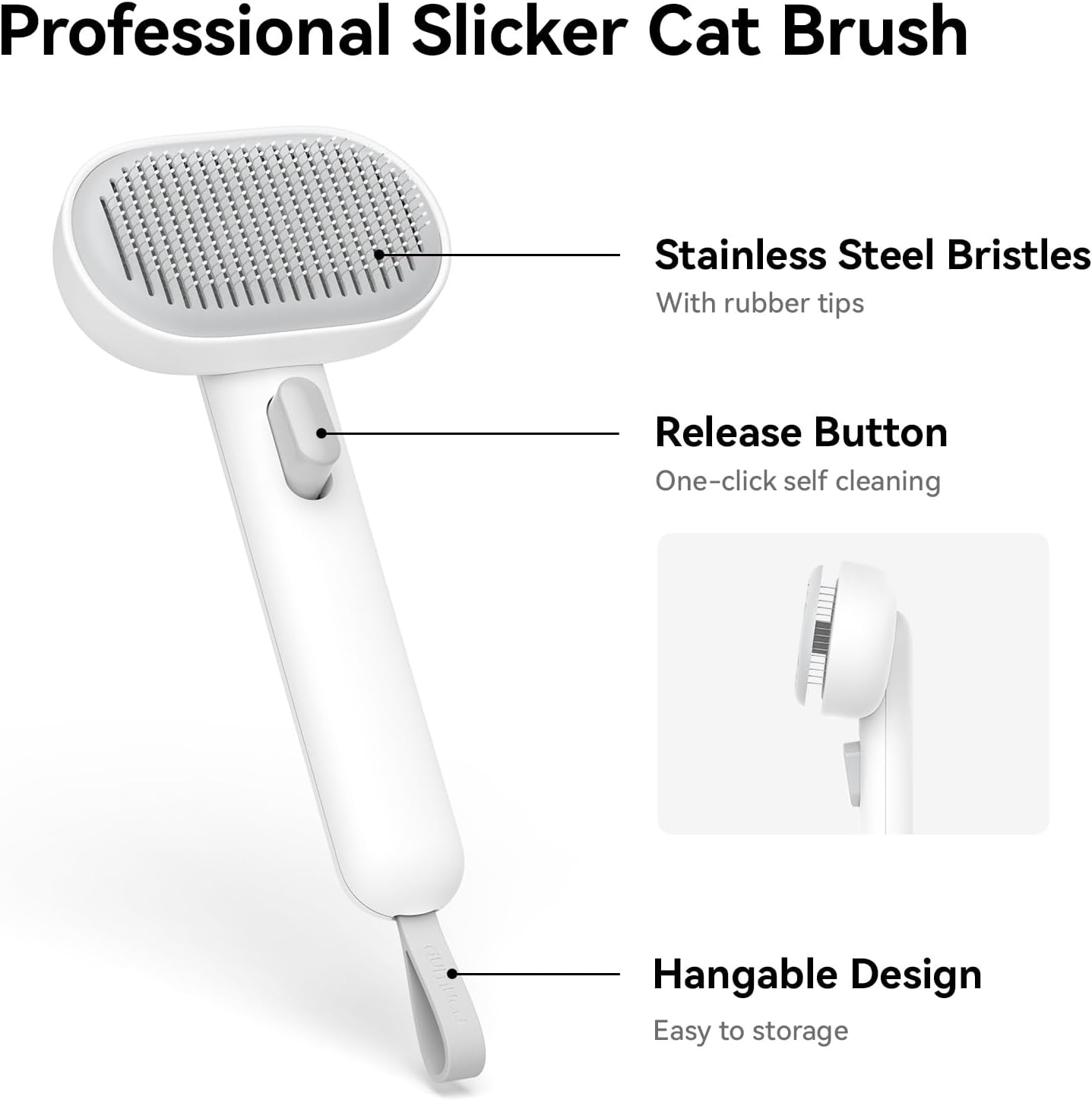 Cat grooming brush with labeled features on a white background at Pet Servo