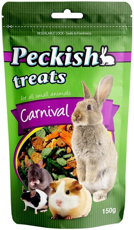 Peckish treats packaging for small animals with a rabbit, guinea pig, and mouse illustration on a green background at Pet Servo