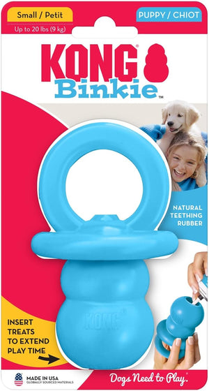 KONG Binkie dog toy packaging with a blue toy on a pink and yellow background at Pet Servo