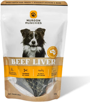 A stand-up pouch of Murgon Munchies Beef Liver dog treats, featuring a black and white border collie on the front, set against a clean white background with a soft shadow.