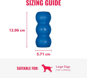 Blue dog toy with dimensions and suitability for large dogs on a white background at Pet Servo
