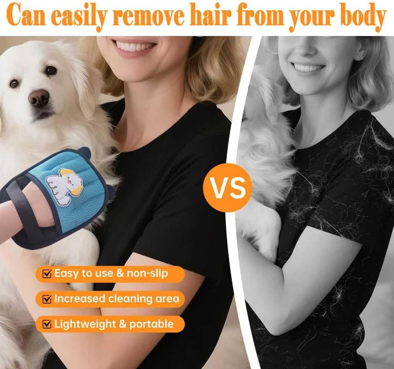 Person holding a dog with a grooming tool, showing before and after effects on hair removal at Pet Servo
