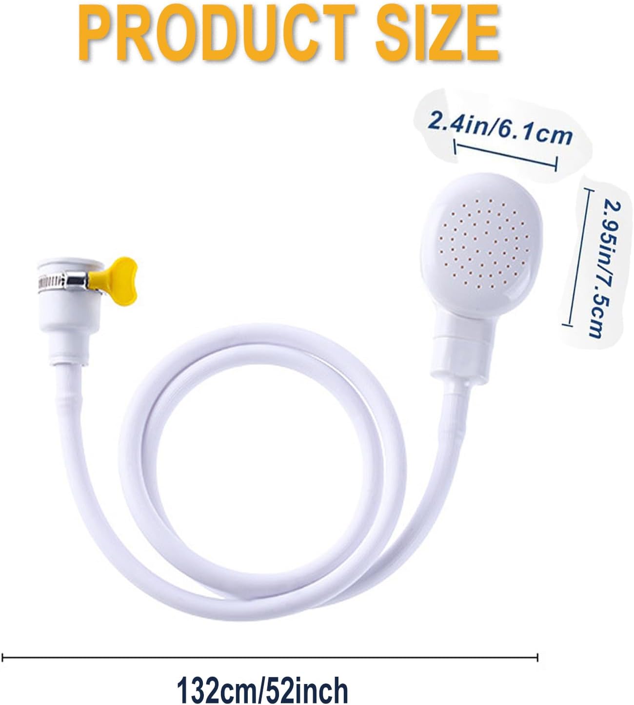 White shower head with hose and measurements on a white background at Pet Servo
