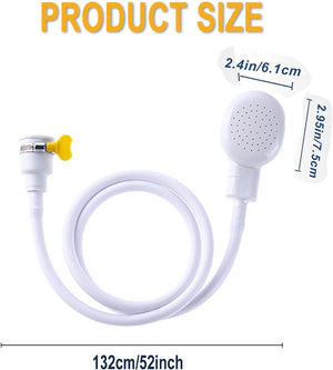 White shower head with hose and measurements on a white background at Pet Servo