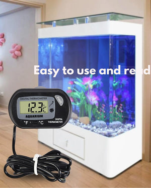 Digital thermometer for aquarium with text 'Easy to use and read' displayed in front of a fish tank at Pet Servo