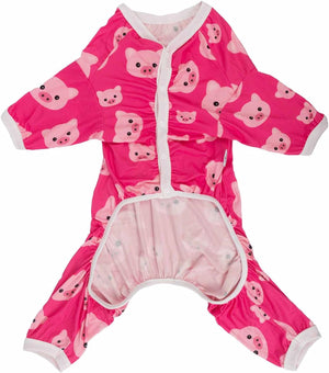 Pink baby footed sleeper with a playful pig pattern, featuring a snap-button front closure and a soft light pink inner lining at Pet Servo