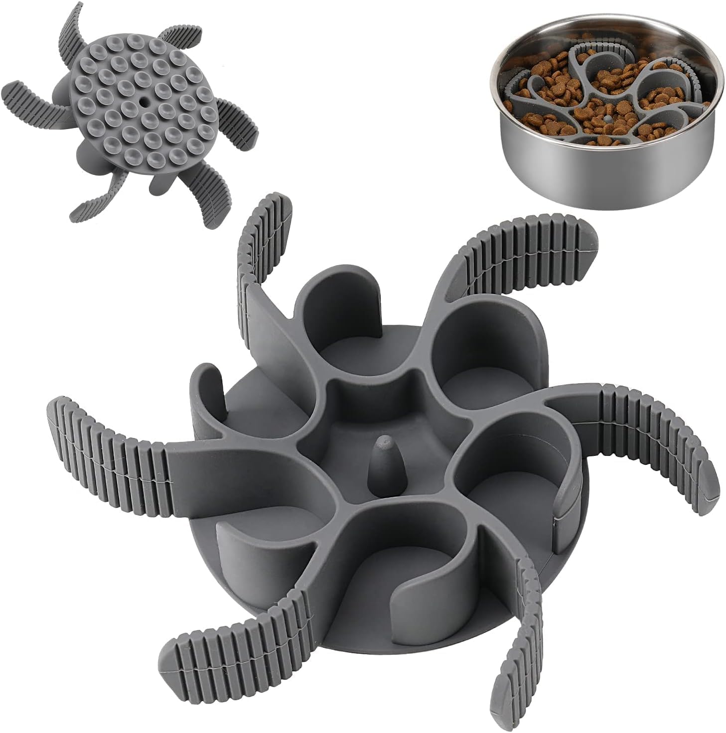 Gray turtle-shaped pet toy with a small bowl of food on a white background at Pet Servo