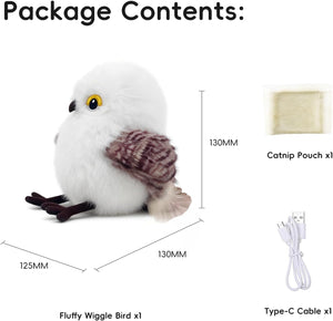 Fluffy wiggle bird with catnip pouch, USB cable, and dimensions on a white background at Pet Servo