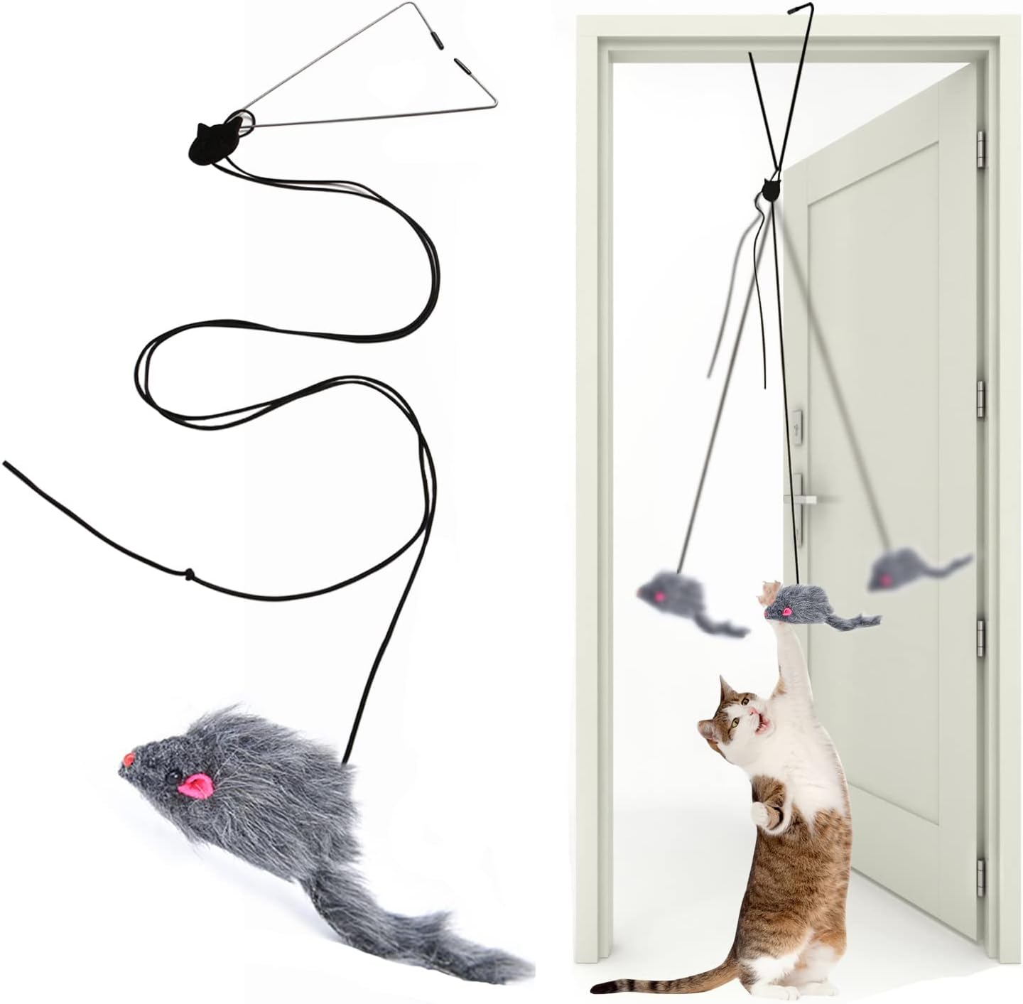 Cat playing with a toy mouse on a string, with another toy mouse hanging from a door handle at Pet Servo