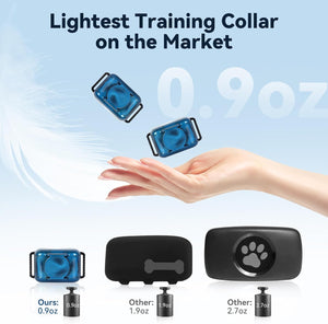 Lightest training collar on the market with a hand holding a blue collar and comparative weight display at Pet Servo