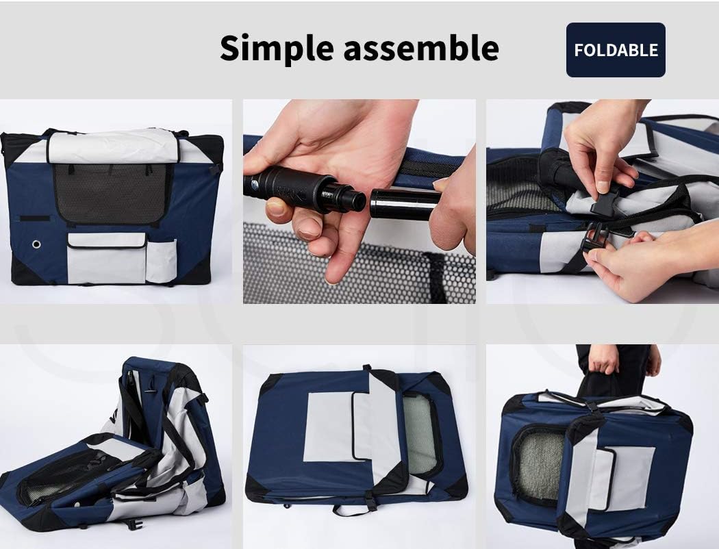 Six-panel collage showing a foldable pet carrier bag being assembled and opened. The top text reads 'Simple assemble' with a 'FOLDABLE' label at Pet Servo