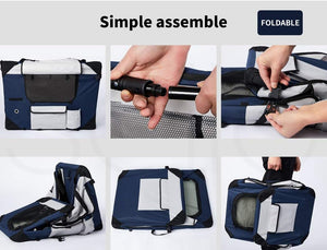 Six-panel collage showing a foldable pet carrier bag being assembled and opened. The top text reads 'Simple assemble' with a 'FOLDABLE' label at Pet Servo