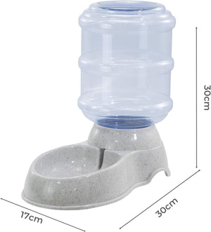 Automatic pet water fountain with a clear plastic water bottle and a gray speckled base, shown with dimension lines indicating 30cm height, 30cm width, and 17cm depth at Pet Servo