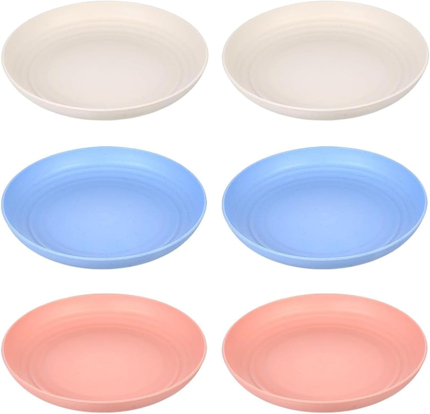 Set of six ceramic bowls in beige, blue, and pink on a white background at Pet Servo