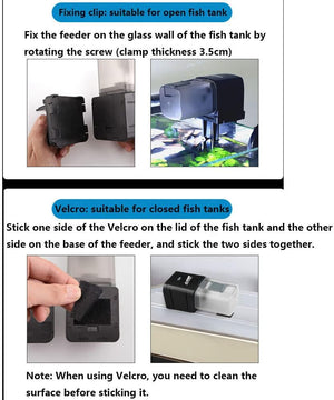 Instructions for using a fish tank feeder with fixing clip and Velcro options at Pet Servo