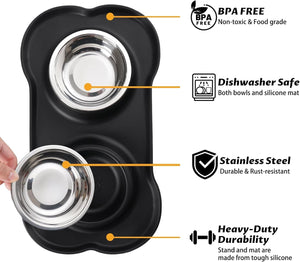 Black silicone mat with stainless steel bowls, highlighting features like BPA-free, dishwasher safe, stainless steel, and heavy-duty durability at Pet Servo