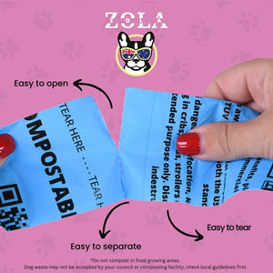 Zola compostable bags with text on a pink background at Pet Servo