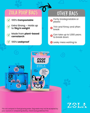 Zola poop bags packaging with compostable and other bag comparison on a blue background at Pet Servo