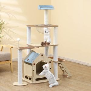 Cat tree with multiple levels and a cat climbing on it in a room at Pet Servo
