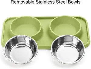 Green silicone tray with two stainless steel bowls on a white background at Pet Servo