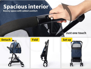 A promotional collage for a compact stroller. The top section shows a close-up of a hand touching the stroller handle with text reading 'Spacious interior' and 'Just one touch at Pet Servo