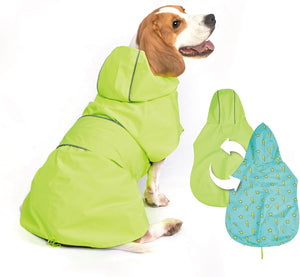 Dog wearing a green raincoat with a detachable blue inner lining, on a white background at Pet Servo