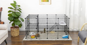 Pet cage with a small animal inside in a living room setting at Pet Servo