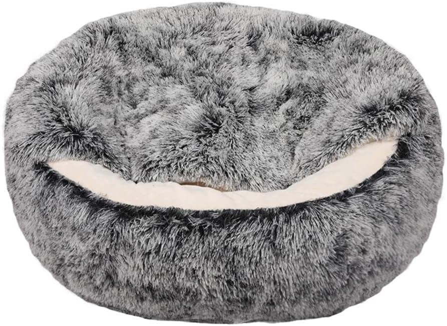 Gray fluffy pet bed with a white interior on a white background at Pet Servo