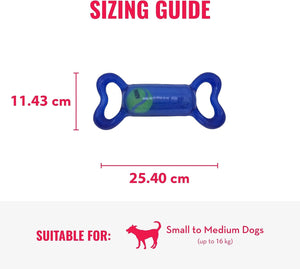 A blue bone-shaped dog toy with measurement labels showing 11.43 cm height and 25 at Pet Servo