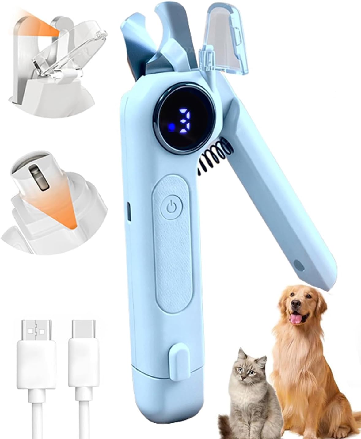 Pet grooming tool with digital display, USB cable, and pets on a white background at Pet Servo