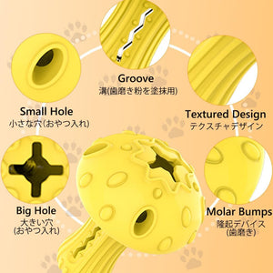 Yellow dog toy with features labeled on a beige background at Pet Servo