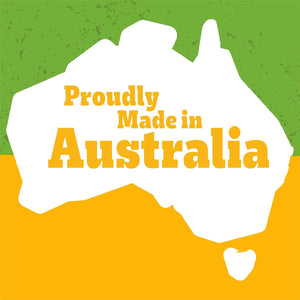 Map of Australia with 'Proudly Made in Australia' text on a green and orange background