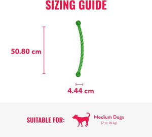 Sizing guide for a green dog toy with measurements and suitability for medium dogs at Pet Servo