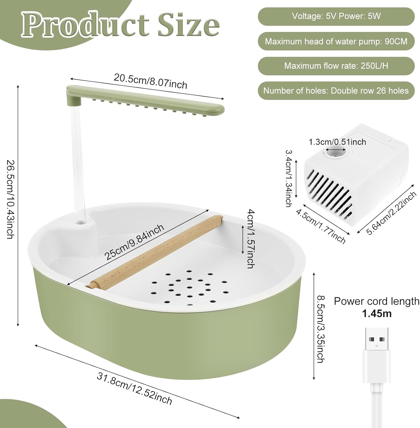 Product size chart with dimensions and specifications of a green and white device at Pet Servo