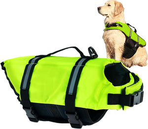 Dog wearing a bright green life jacket with a white background at Pet Servo