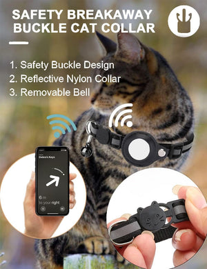 A cat collar safety product shown on a tabby cat with marketing text, feature callouts, a phone app inset, and close-up detail circles. The product is a black reflective collar with a bell and buckle closure, presented in a composite promotional layout at Pet Servo